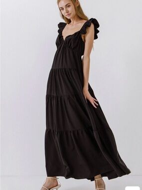 English Factory Black Ruffle Strap Tiered Maxi Dress - Size XS